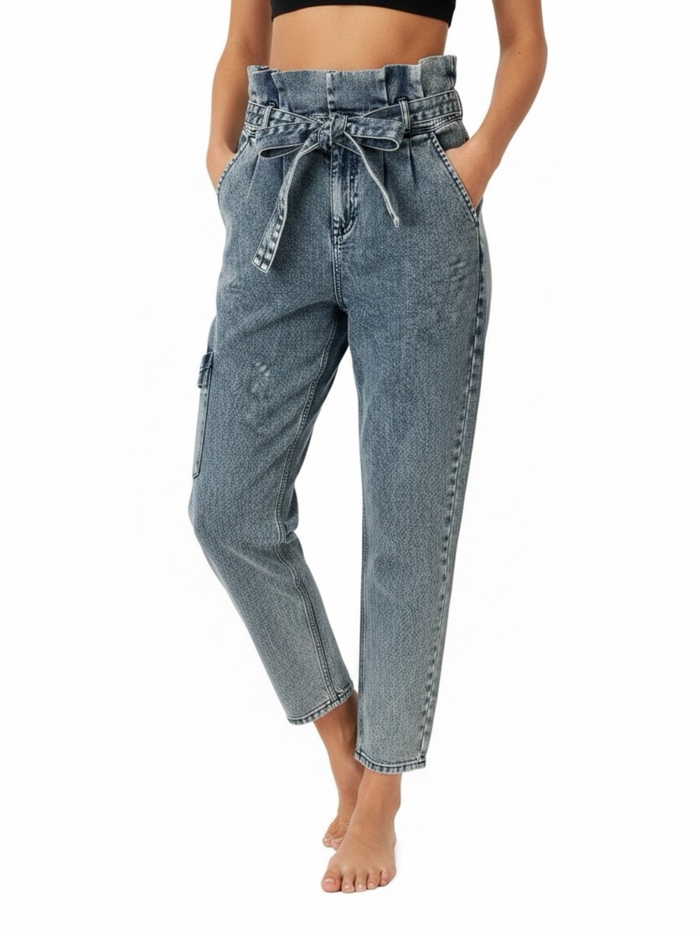 High-wasted Paperbag Cargo Jeans by Reclaimed Vintage made in Turkey Light Blue